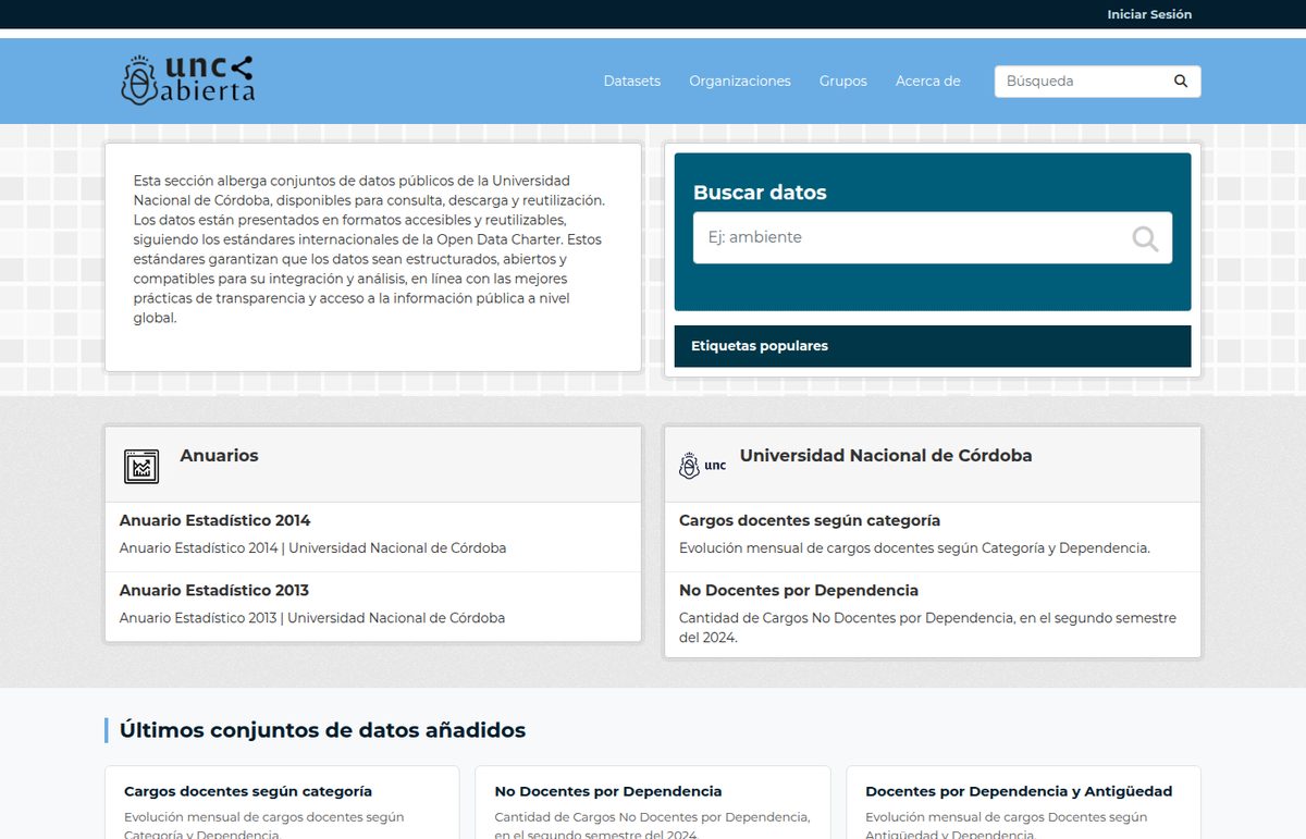 Portada del portal de datos abiertos de la UNC